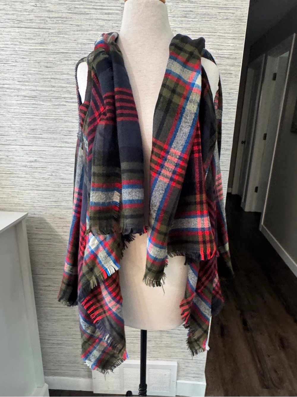 Plaid Hooded shoulder shrug Blanket Vest - Red, Navy & Olive